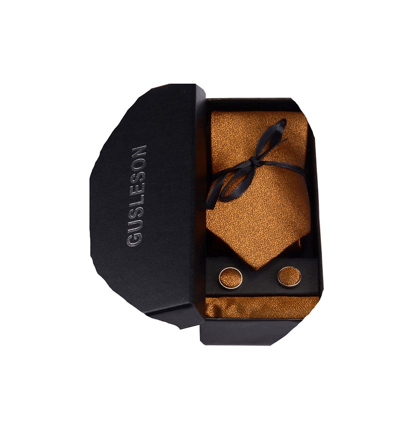 GUSLESON Mens Gold Solid Tie with Pocket Square Cufflinks set Woven Silk Necktie (0756-11) - Image 1